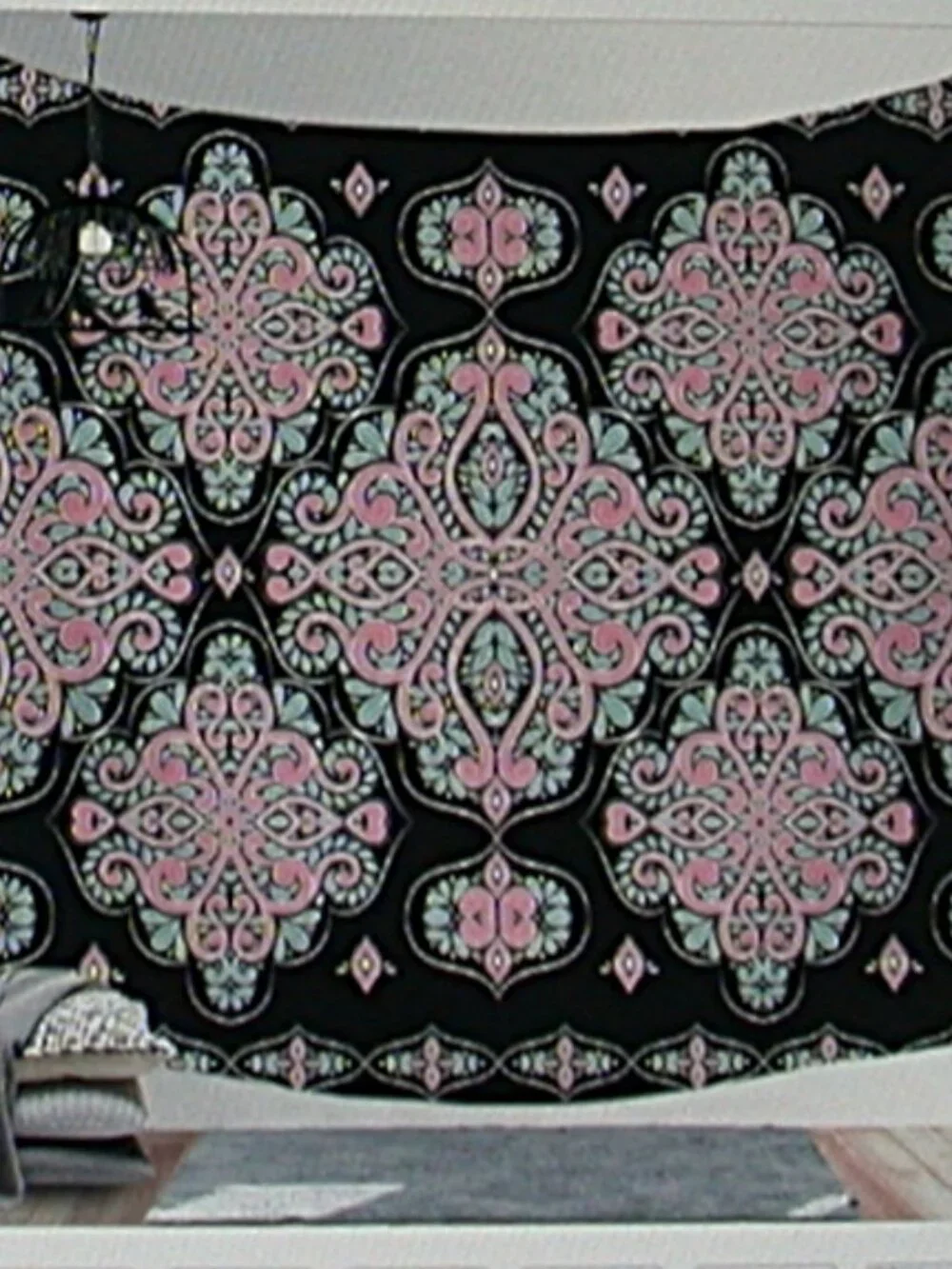 Black Tapestry Featuring Pink and Light Blue Mandala Pattern
